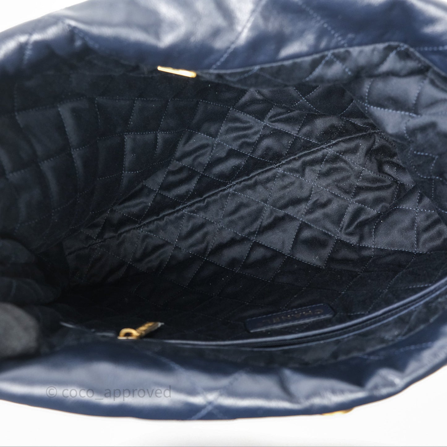 Chanel 22 Small Navy Shiny Calfskin Aged Gold Hardware
