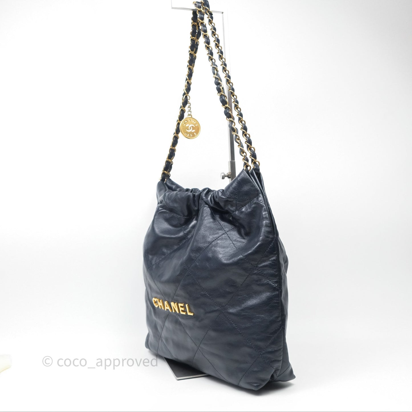 Chanel 22 Small Navy Shiny Calfskin Aged Gold Hardware