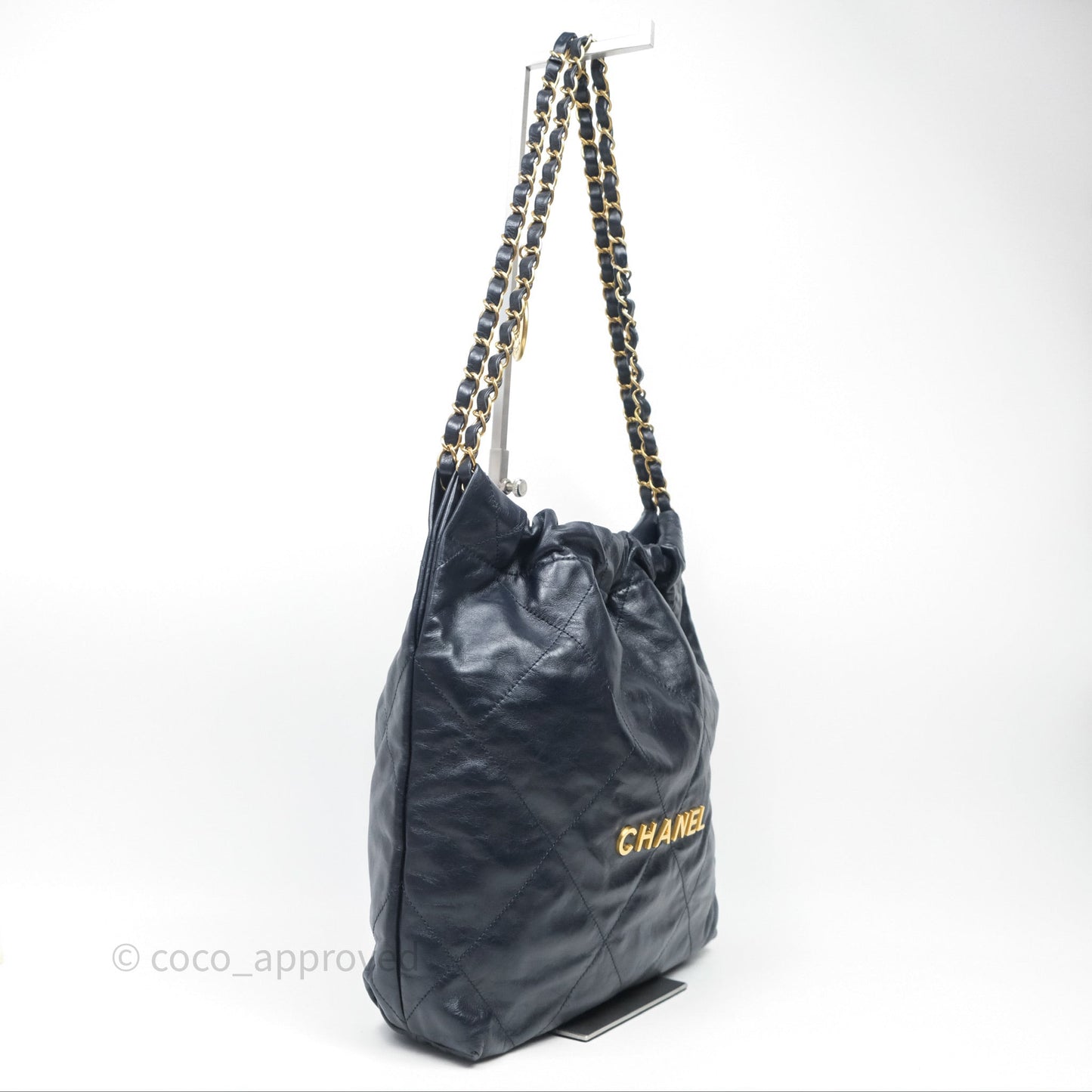 Chanel 22 Small Navy Shiny Calfskin Aged Gold Hardware