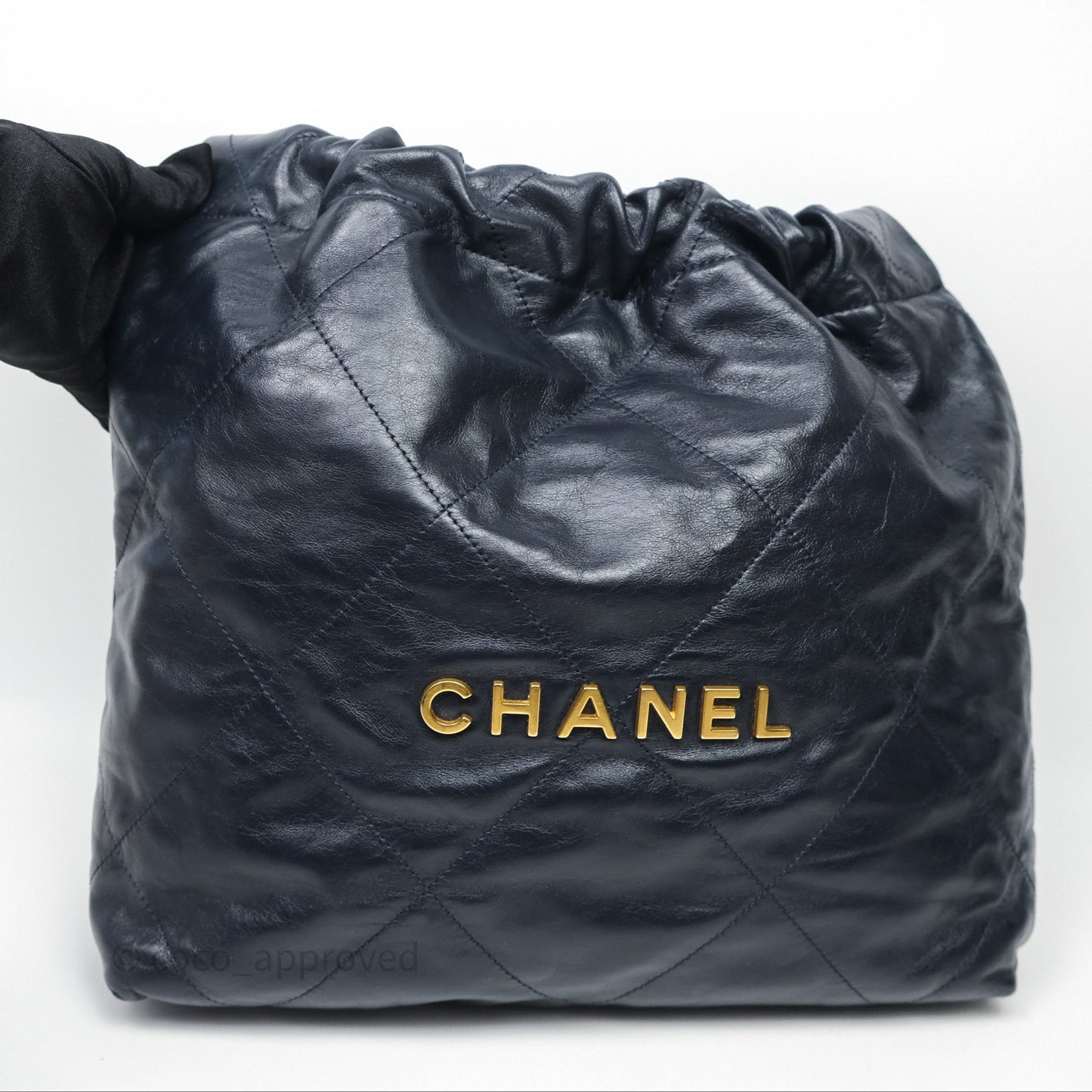 Chanel 22 Small Navy Shiny Calfskin Aged Gold Hardware