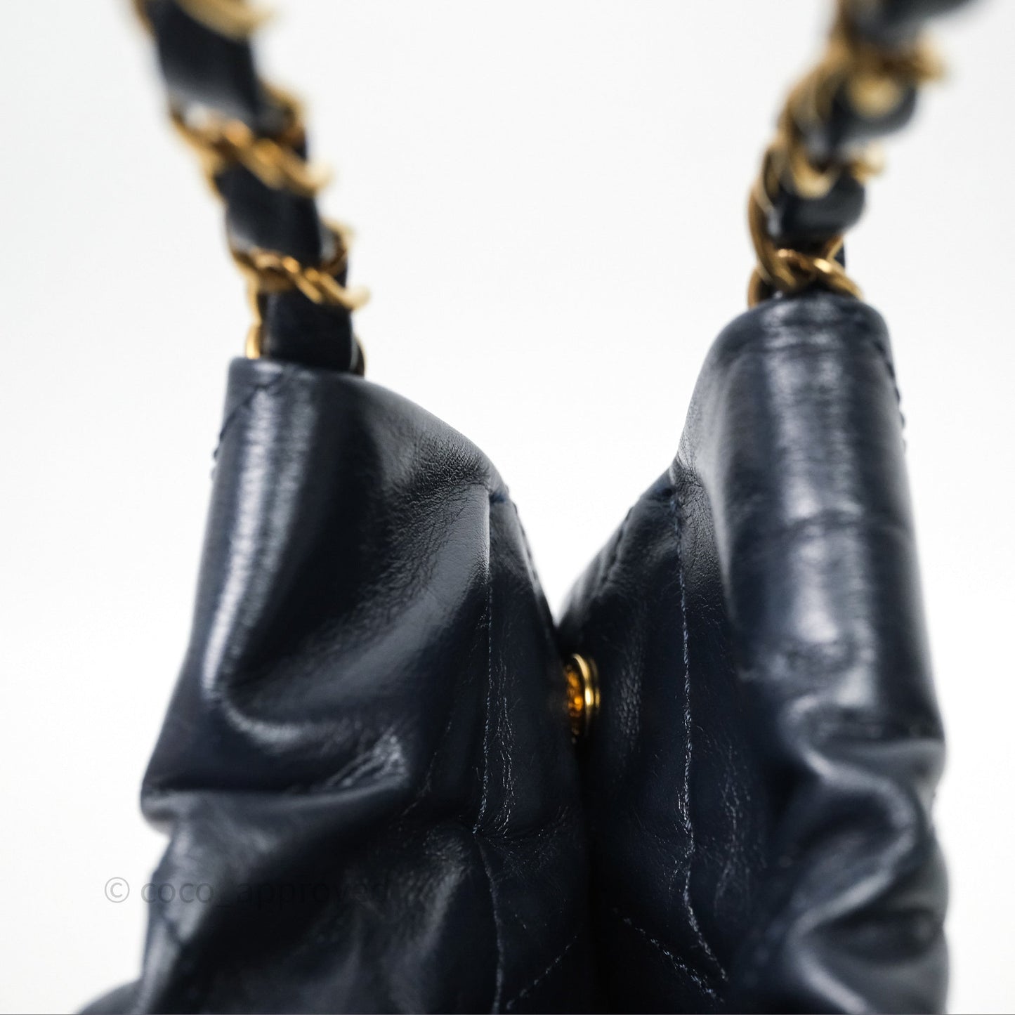 Chanel 22 Small Navy Shiny Calfskin Aged Gold Hardware