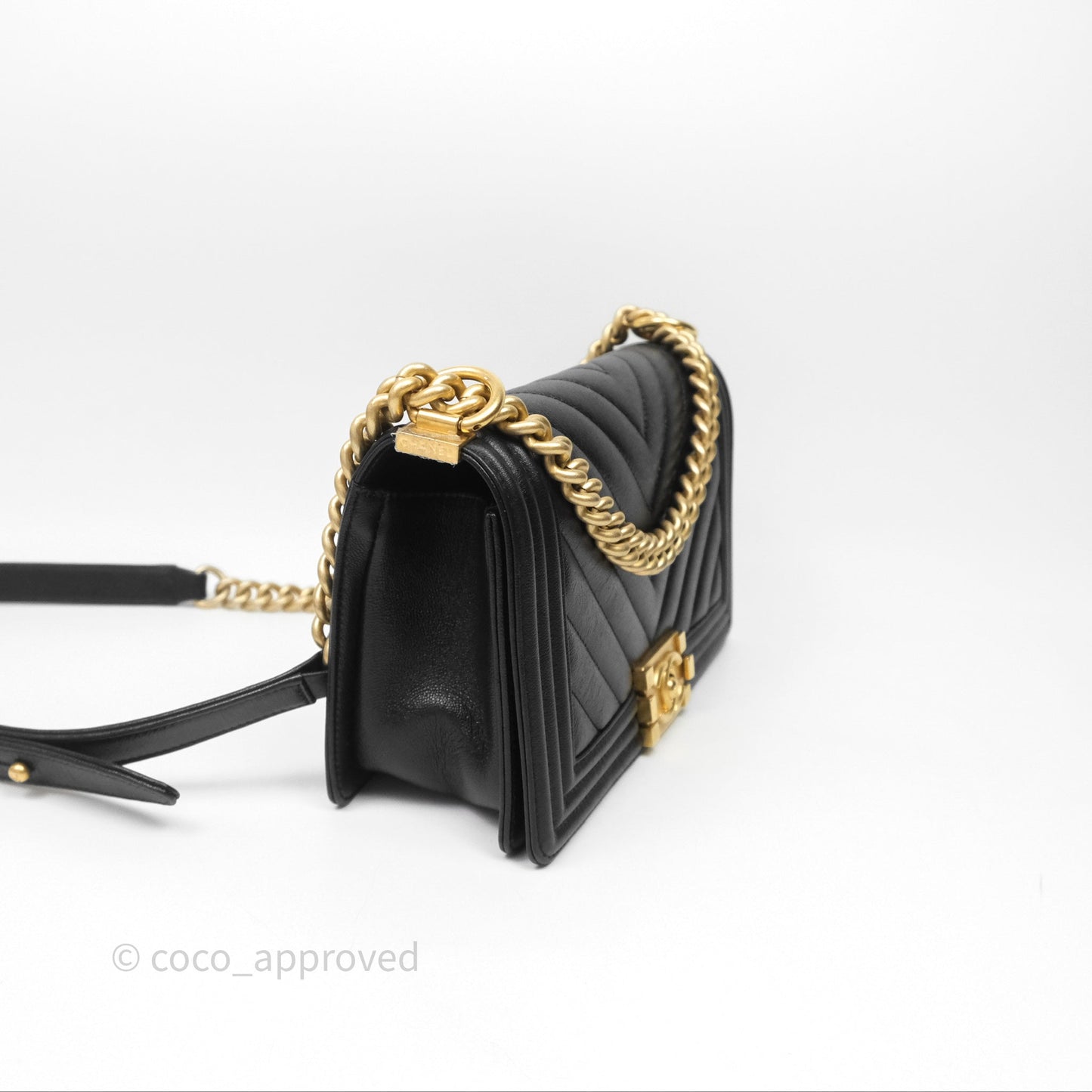 Chanel Medium Boy Chevron Black Caviar Aged Gold Hardware