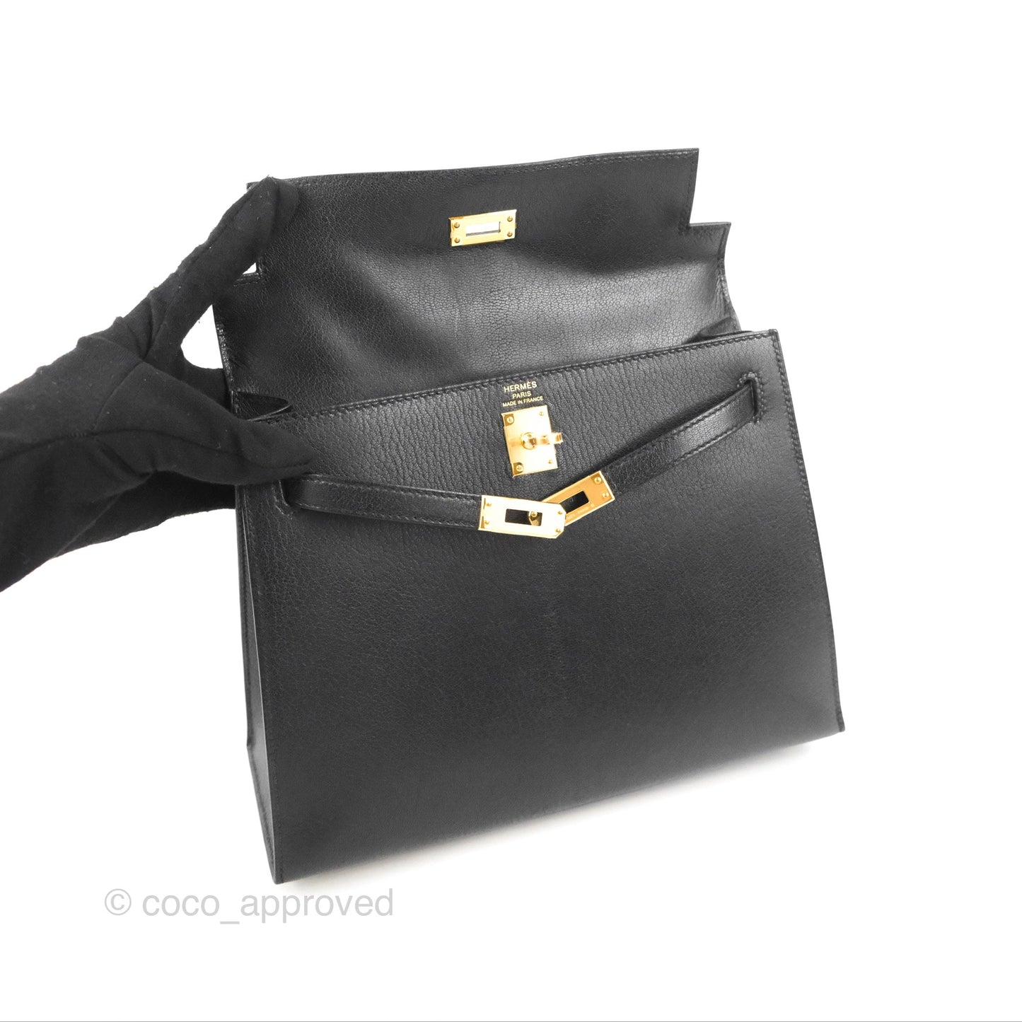 Hermes Kelly Sellier 25 Black Chevre Chamkila Gold Hardware