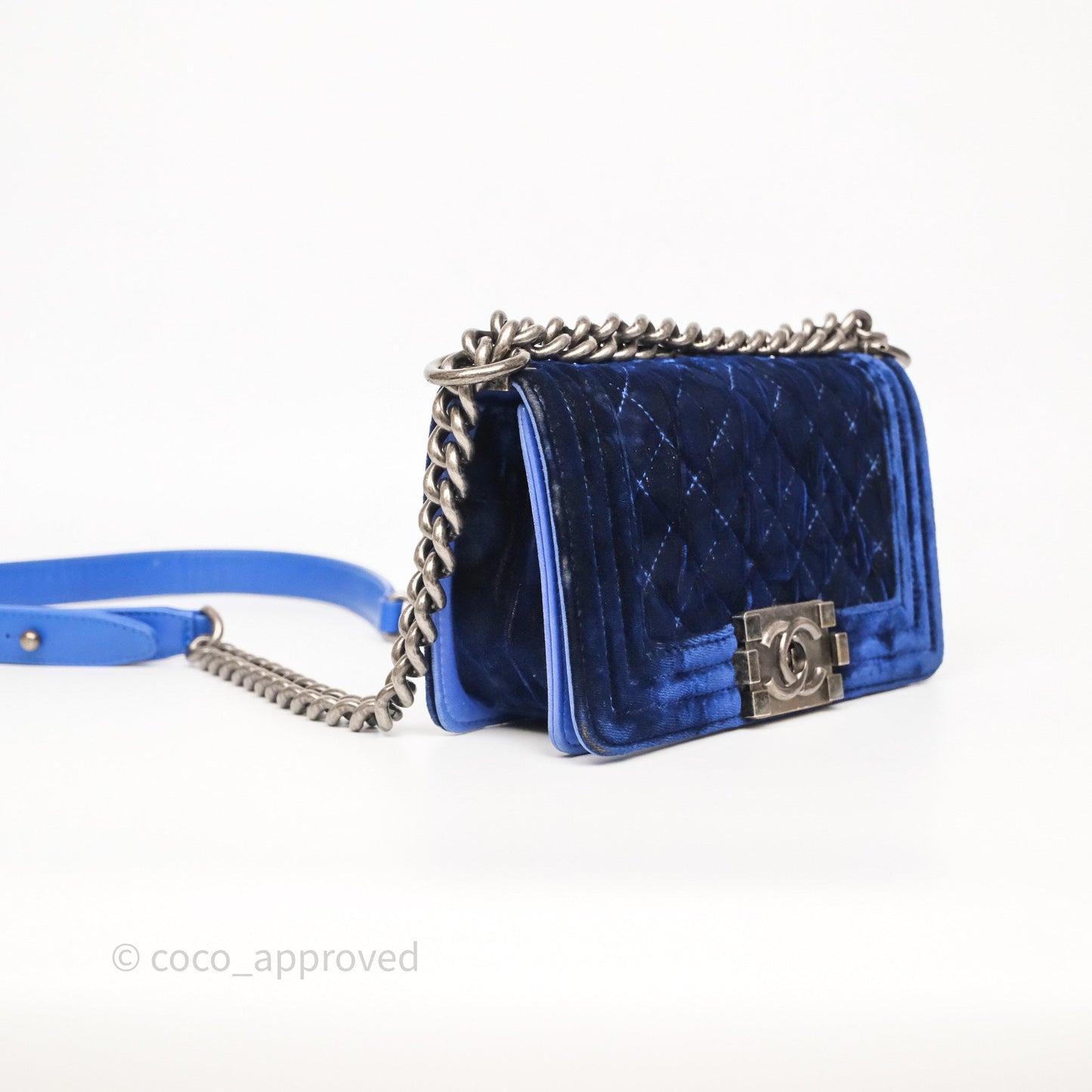 Chanel Quilted Small Boy Blue Velvet Ruthenium Hardware