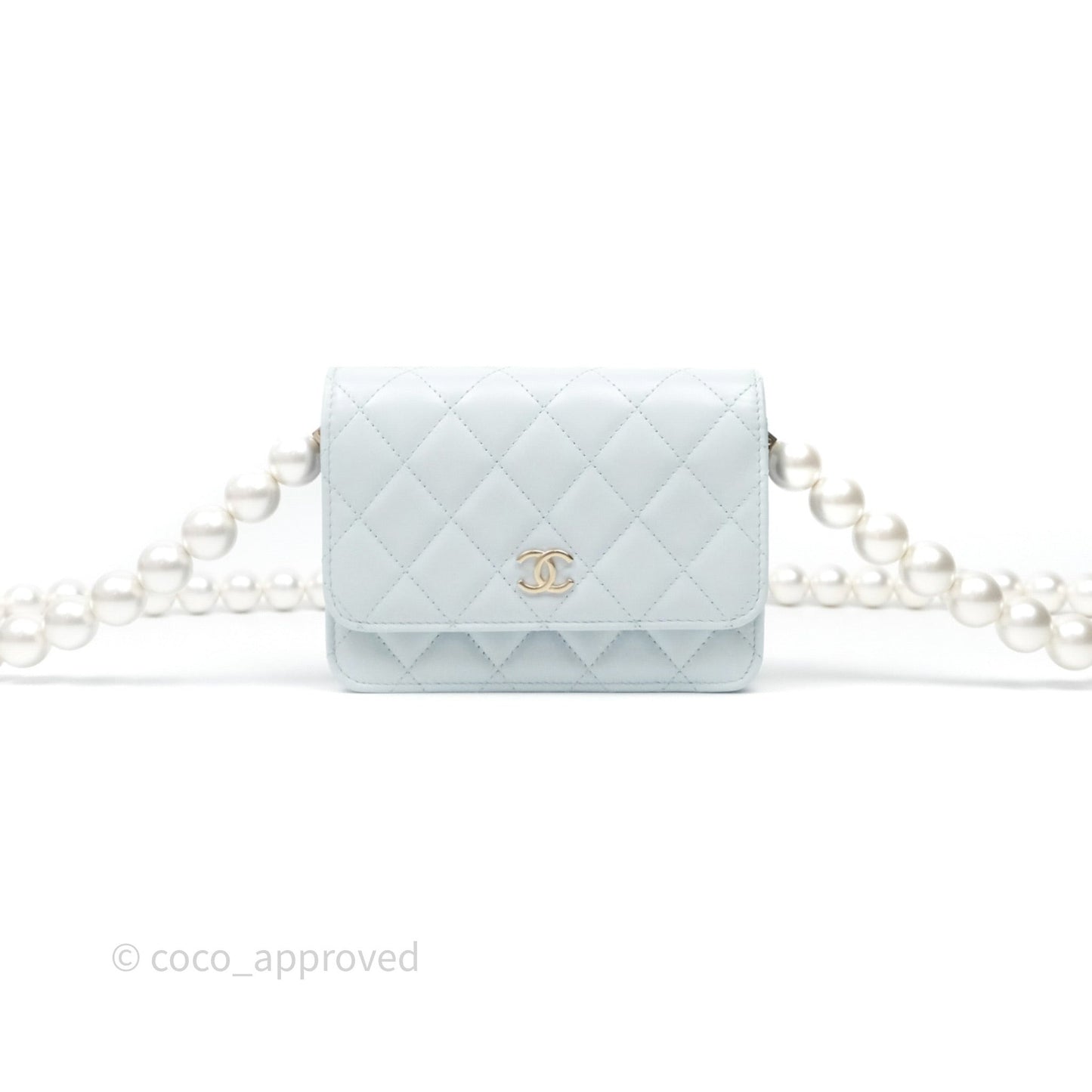 Chanel Quilted Large Pearl Mini Wallet On Chain WOC Blue Lambskin Gold Hardware