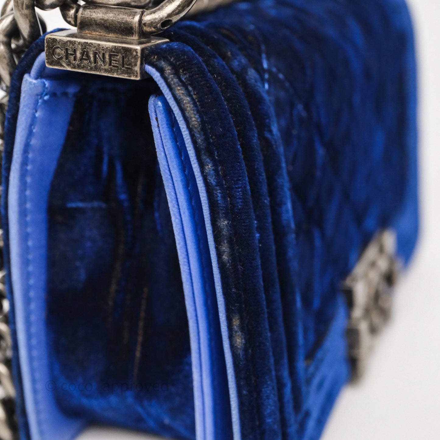 Chanel Quilted Small Boy Blue Velvet Ruthenium Hardware
