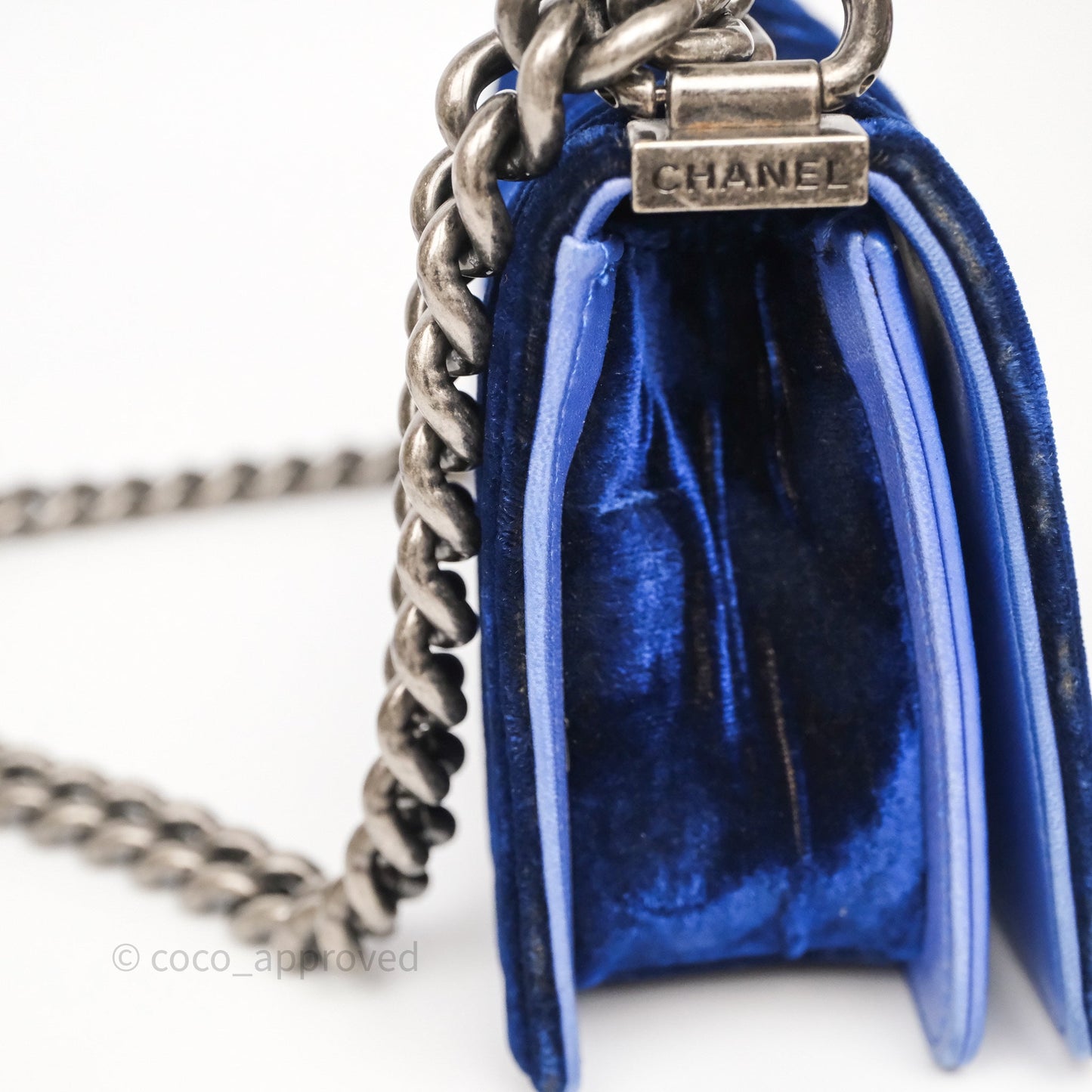 Chanel Quilted Small Boy Blue Velvet Ruthenium Hardware