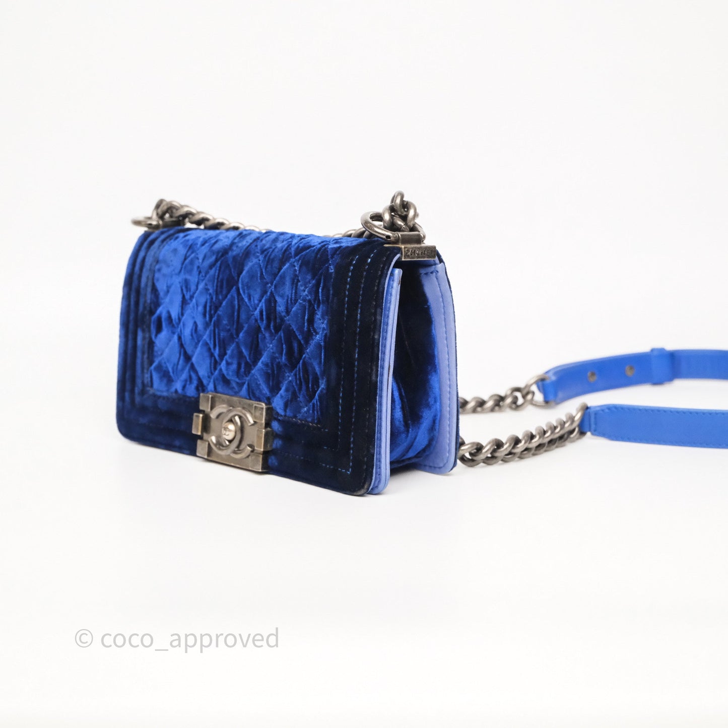 Chanel Quilted Small Boy Blue Velvet Ruthenium Hardware