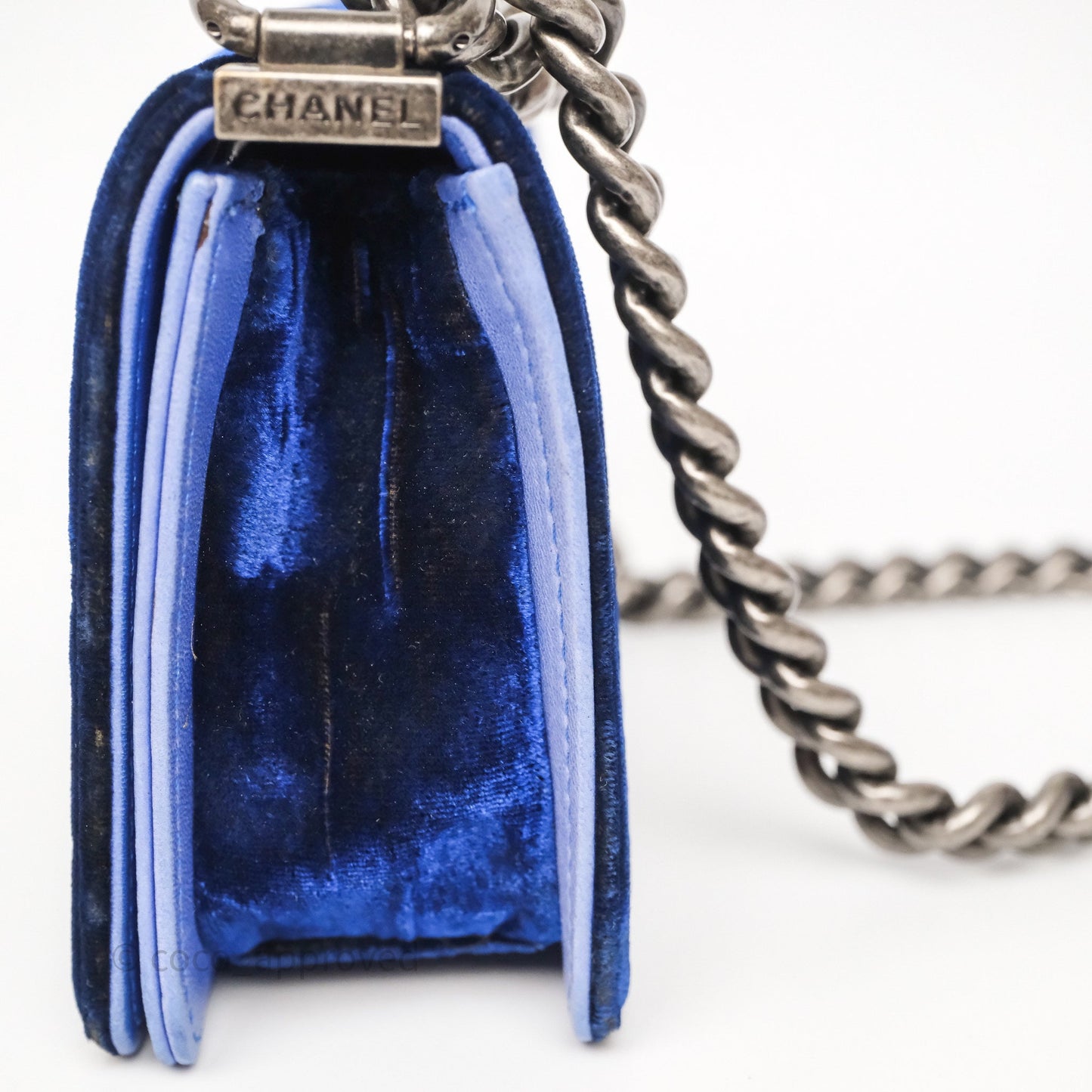 Chanel Quilted Small Boy Blue Velvet Ruthenium Hardware