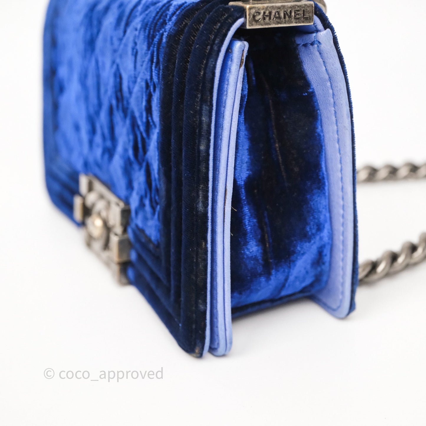Chanel Quilted Small Boy Blue Velvet Ruthenium Hardware