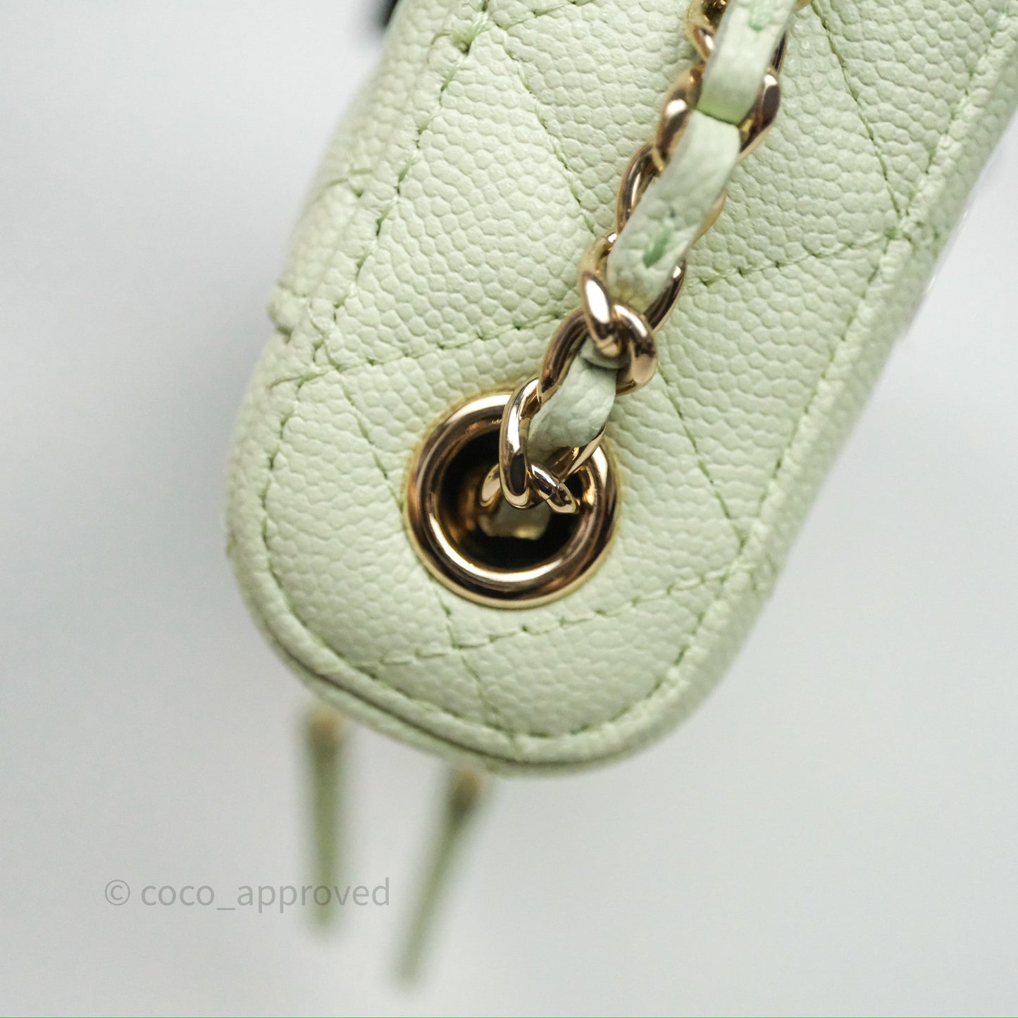 Chanel Vanity Phone Holder With Chain Light Mint Green Caviar Gold Hardware