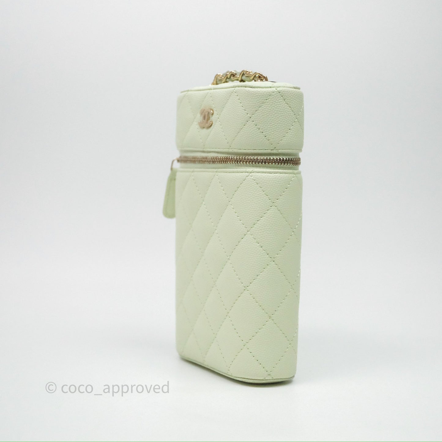 Chanel Vanity Phone Holder With Chain Light Mint Green Caviar Gold Hardware