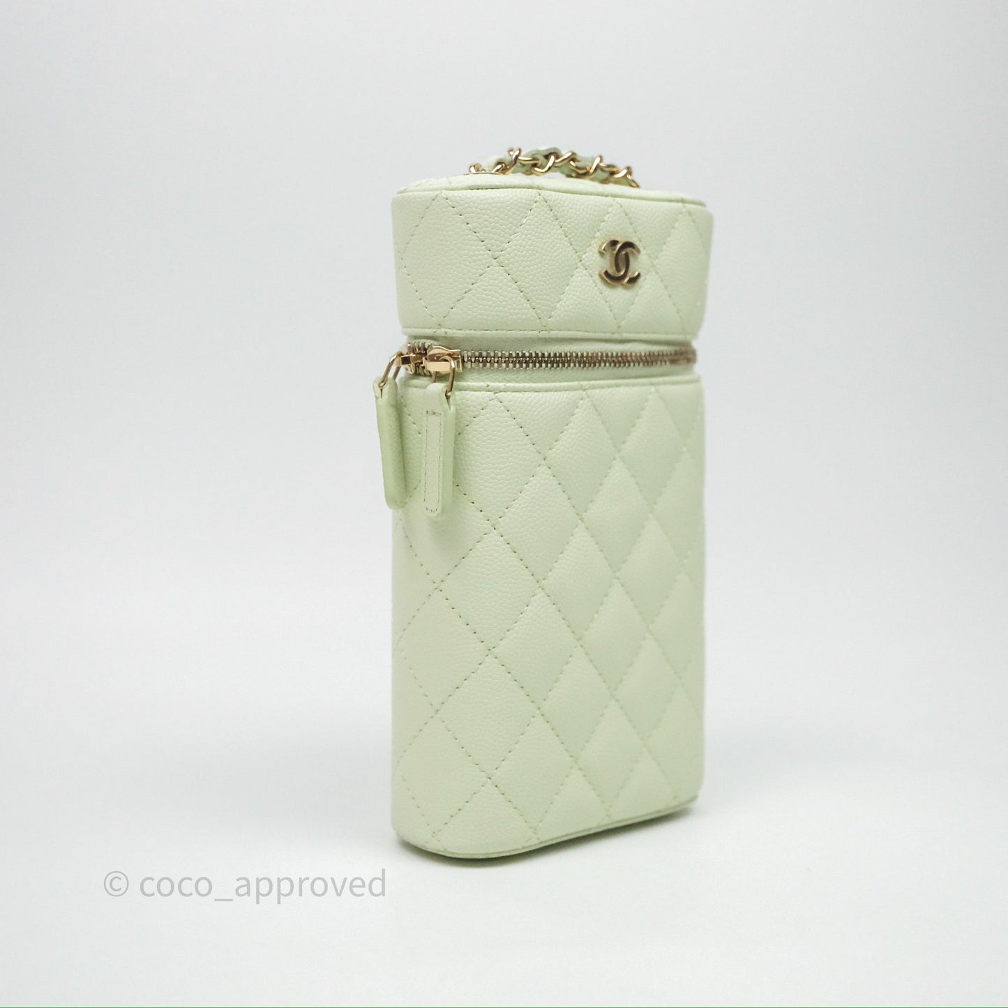 Chanel Vanity Phone Holder With Chain Light Mint Green Caviar Gold Hardware