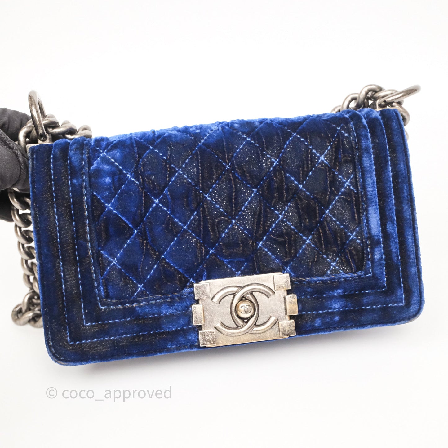 Chanel Quilted Small Boy Blue Velvet Ruthenium Hardware