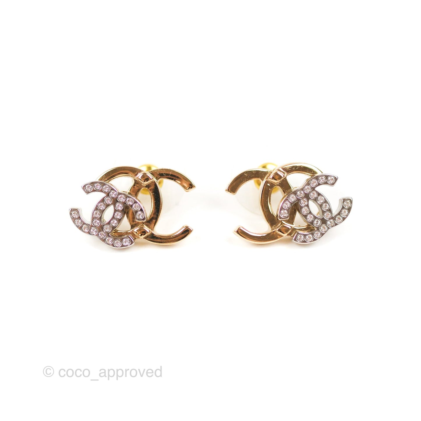 Chanel Double Crystal CC Earrings Silver & Gold Tone 21A