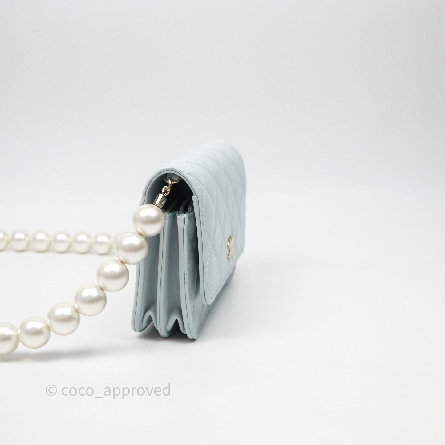 Chanel Quilted Large Pearl Mini Wallet On Chain WOC Blue Lambskin Gold Hardware