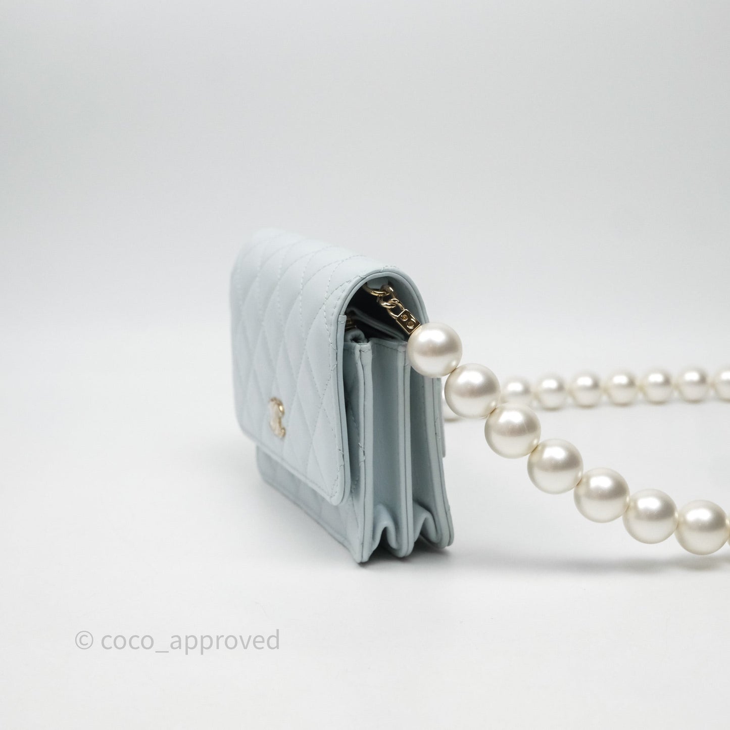 Chanel Quilted Large Pearl Mini Wallet On Chain WOC Blue Lambskin Gold Hardware