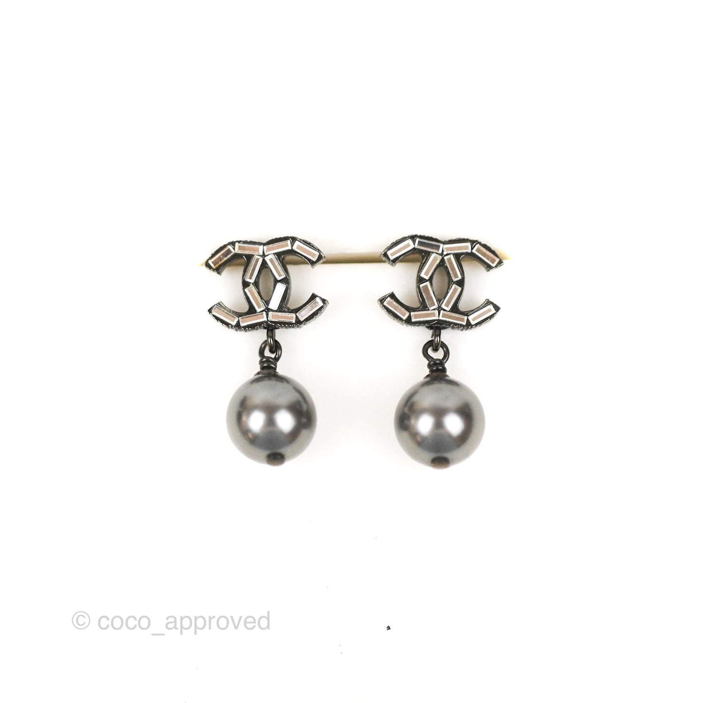 Chanel CC Black Bead Drop Earrings Gun Metal 19A