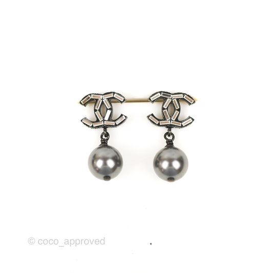 Chanel CC Black Bead Drop Earrings Gun Metal 19A
