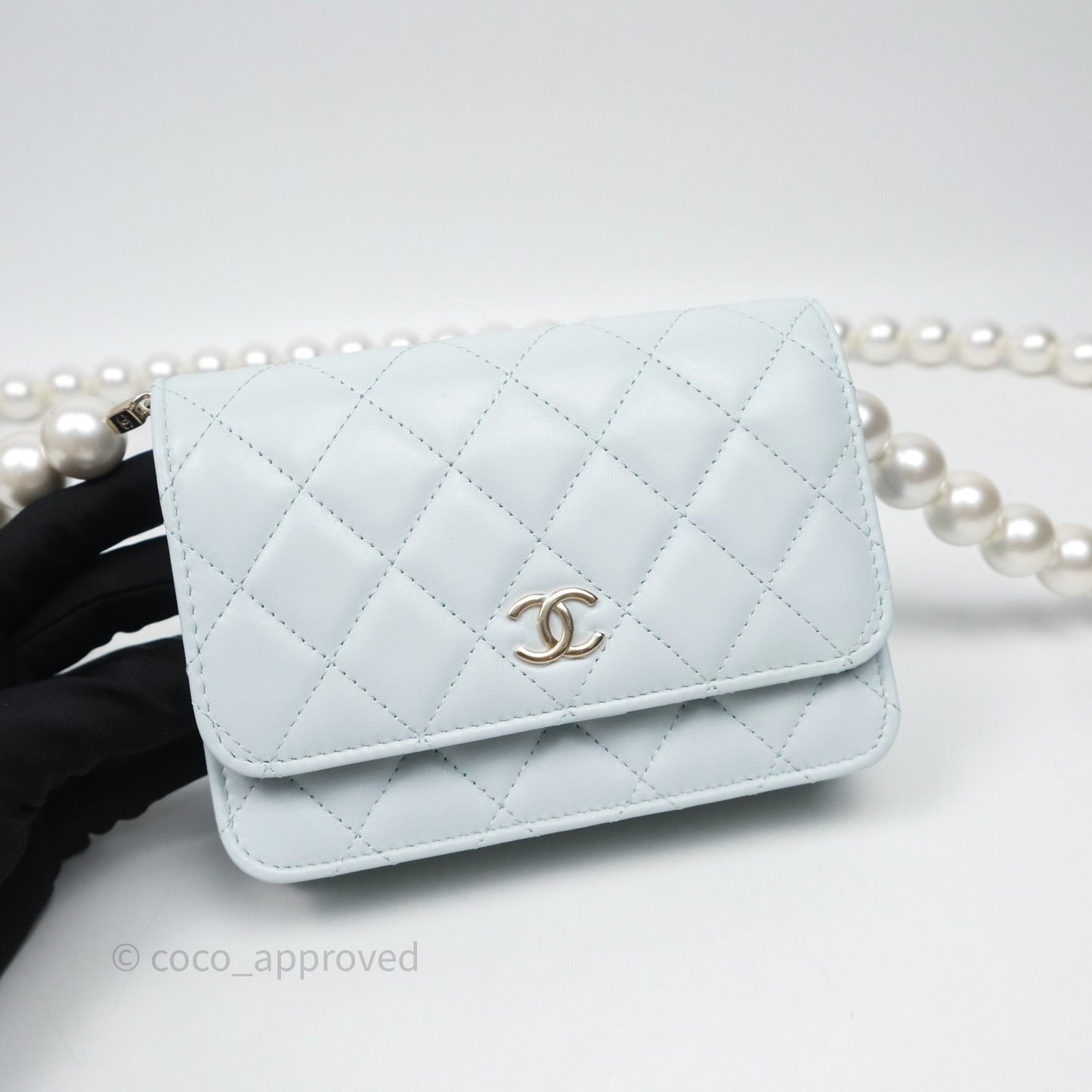Chanel Quilted Large Pearl Mini Wallet On Chain WOC Blue Lambskin Gold Hardware