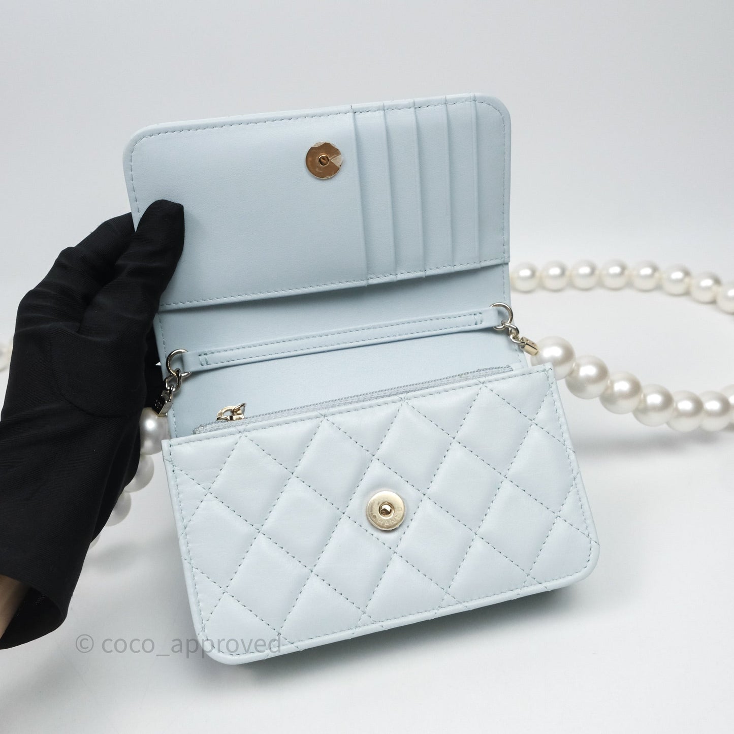 Chanel Quilted Large Pearl Mini Wallet On Chain WOC Blue Lambskin Gold Hardware