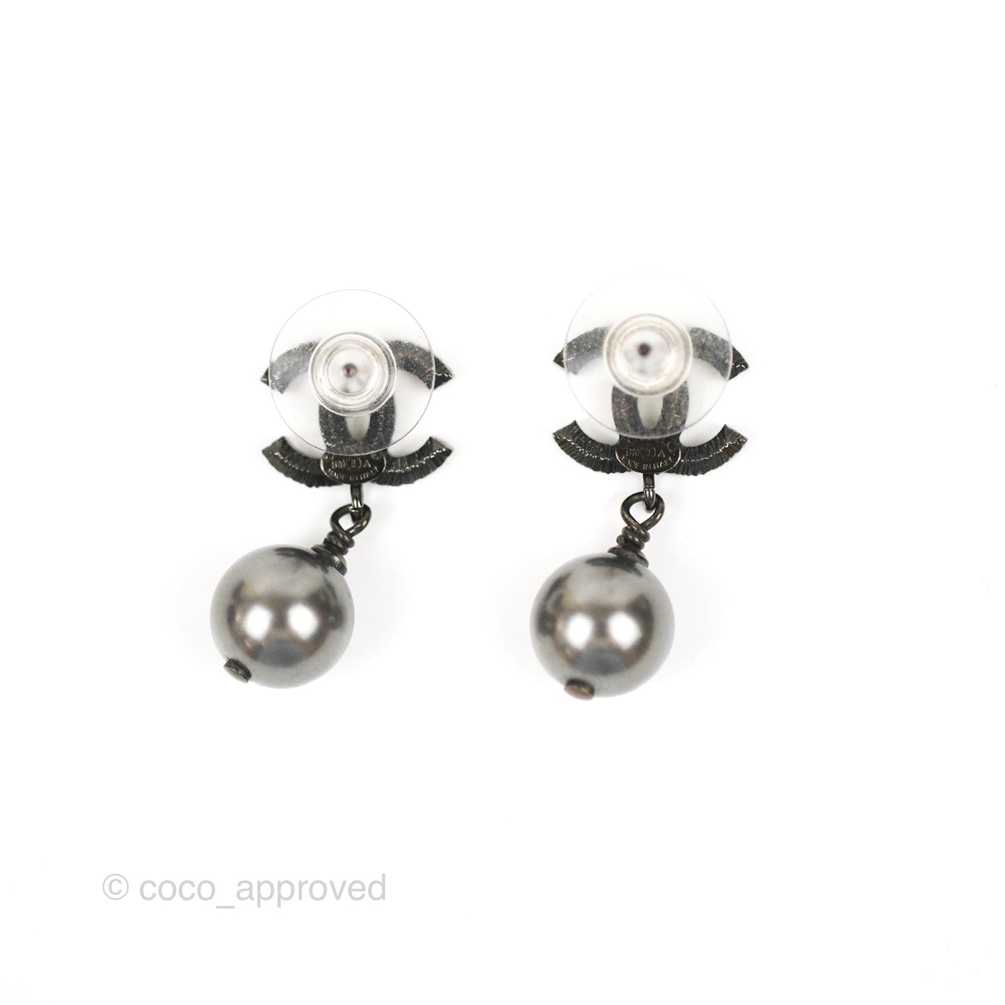 Chanel CC Black Bead Drop Earrings Gun Metal 19A