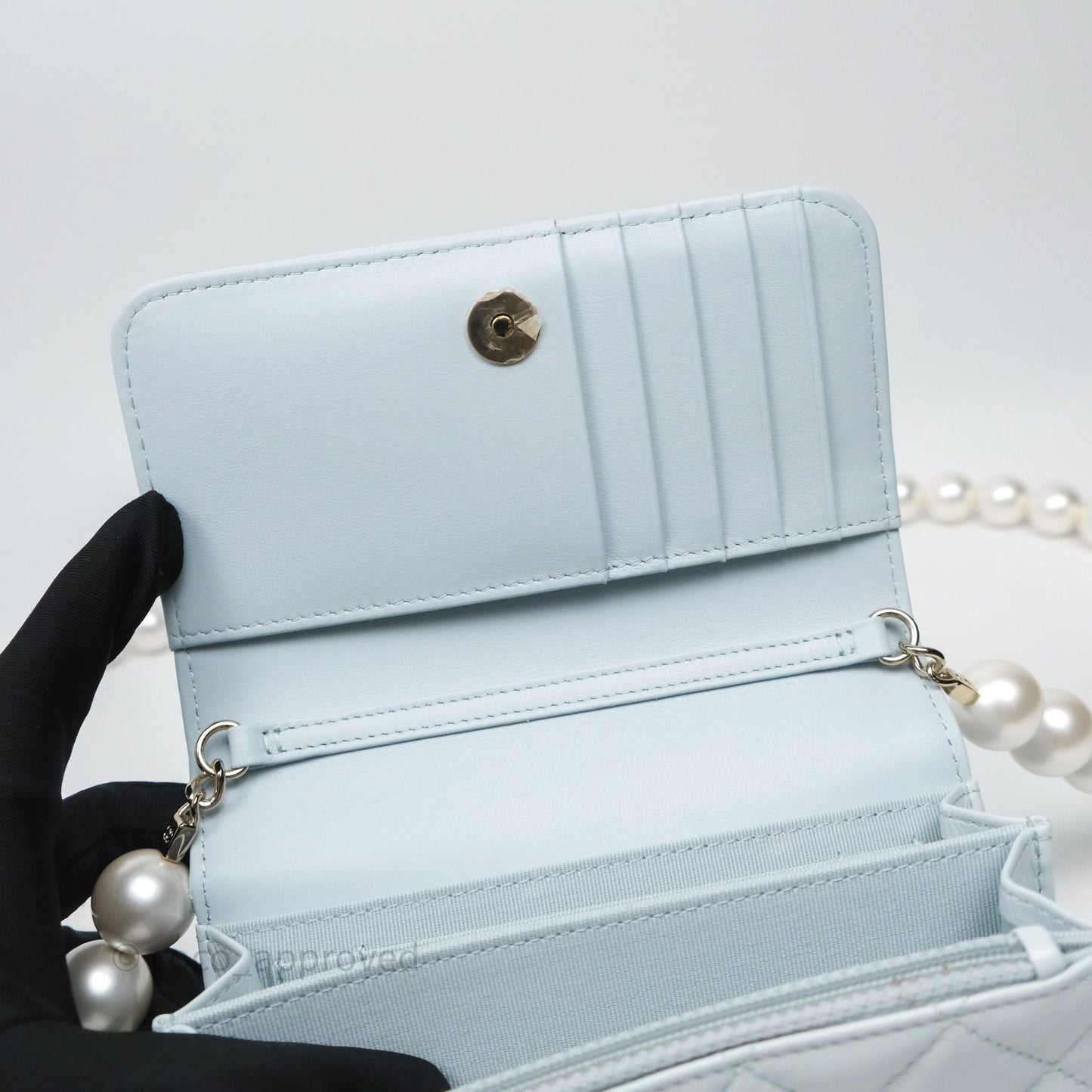 Chanel Quilted Large Pearl Mini Wallet On Chain WOC Blue Lambskin Gold Hardware