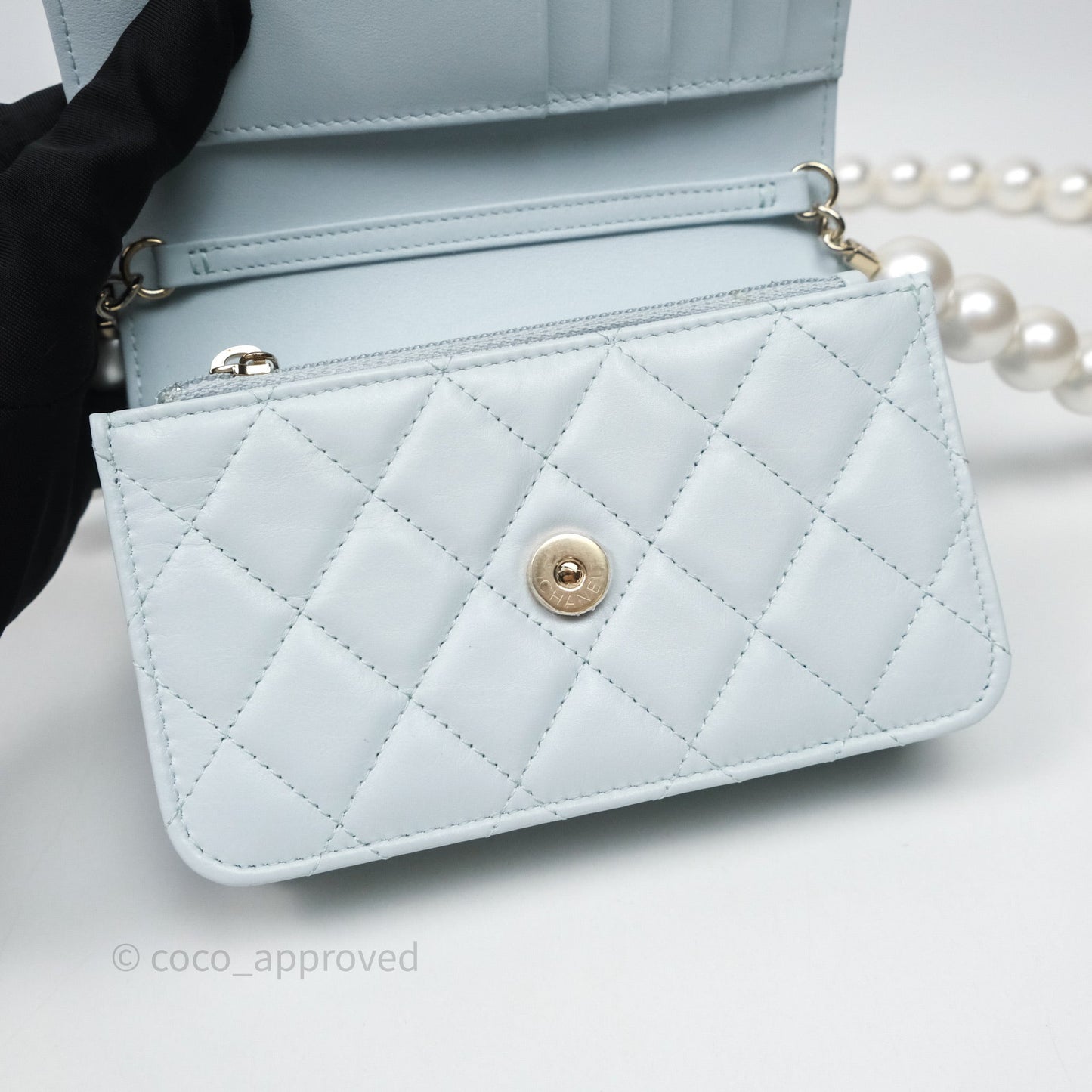 Chanel Quilted Large Pearl Mini Wallet On Chain WOC Blue Lambskin Gold Hardware