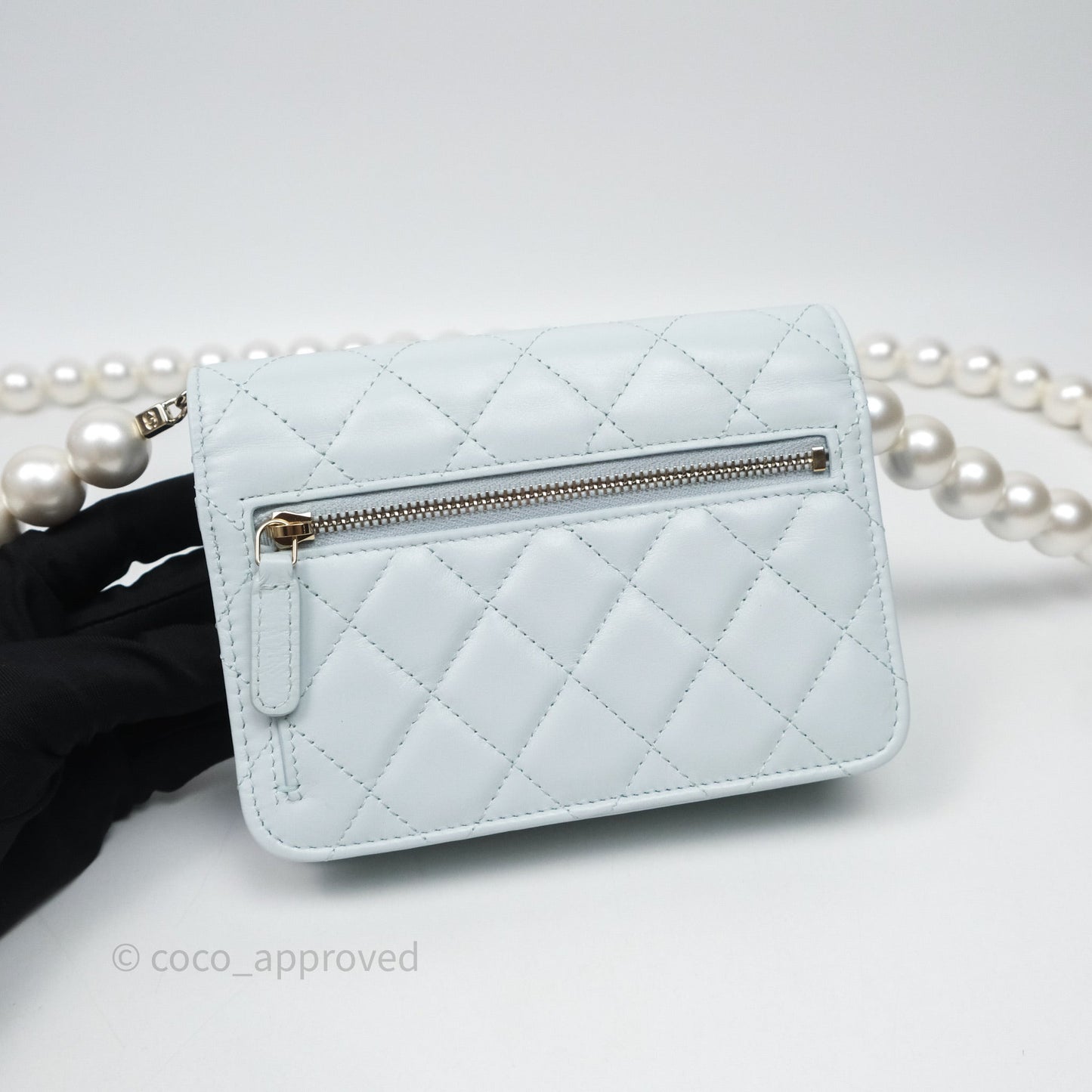Chanel Quilted Large Pearl Mini Wallet On Chain WOC Blue Lambskin Gold Hardware