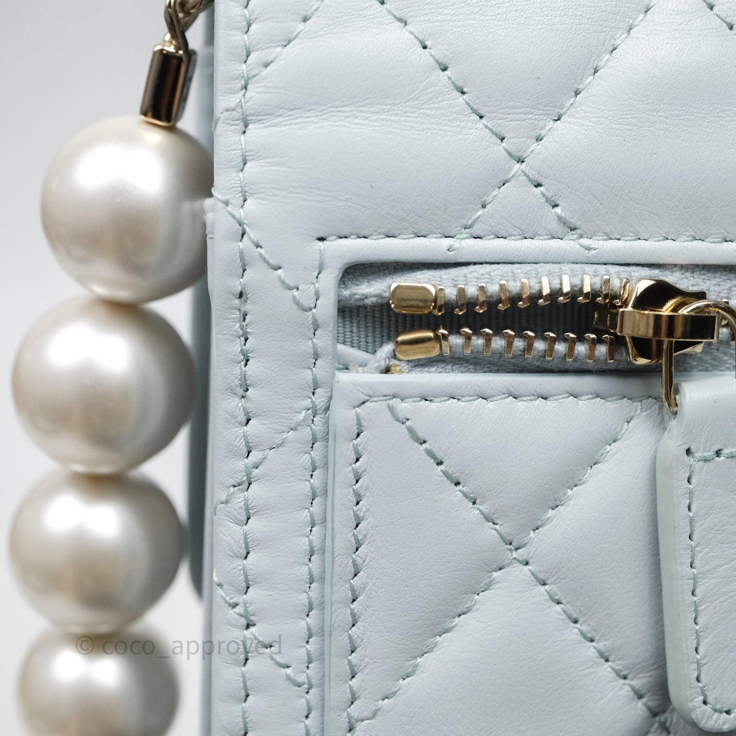 Chanel Quilted Large Pearl Mini Wallet On Chain WOC Blue Lambskin Gold Hardware