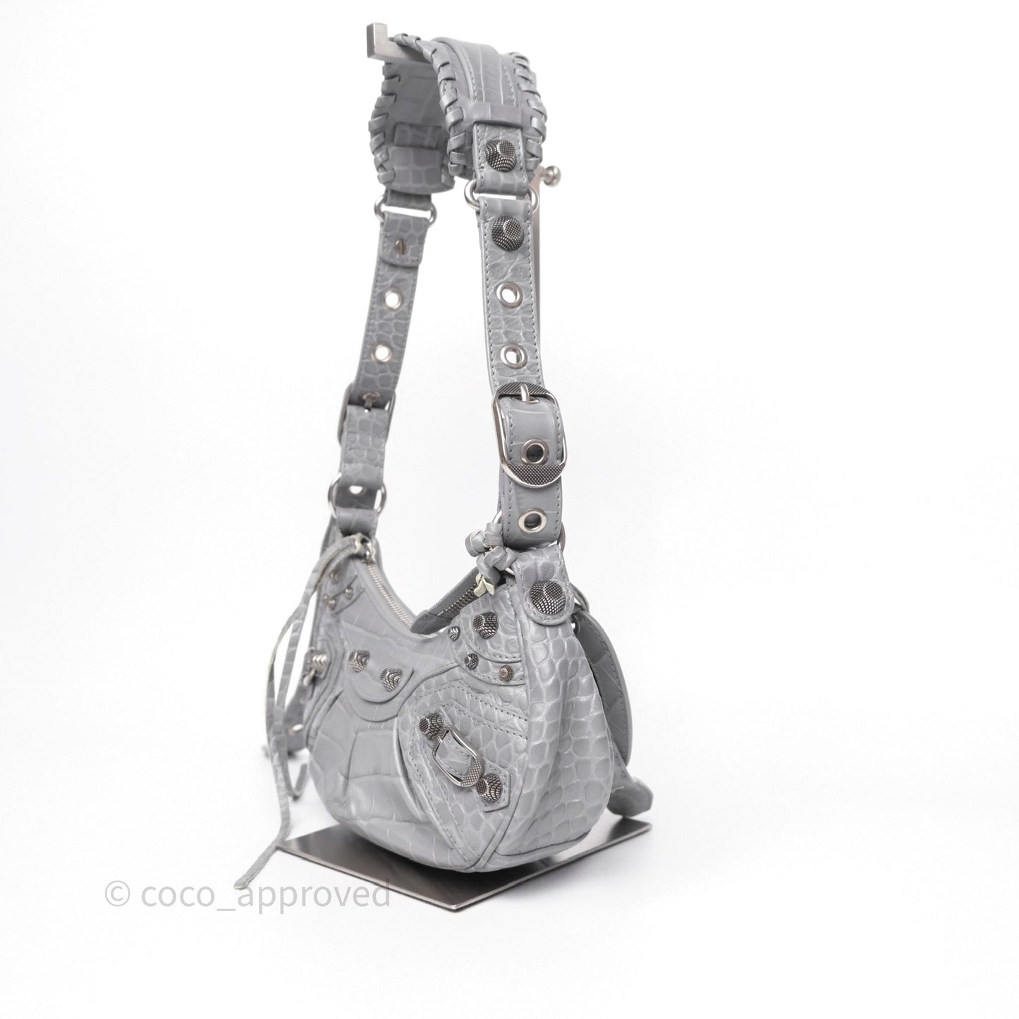 Balenciaga XS Le Cagole Shoulder Bag Grey Croc Embossed Leather