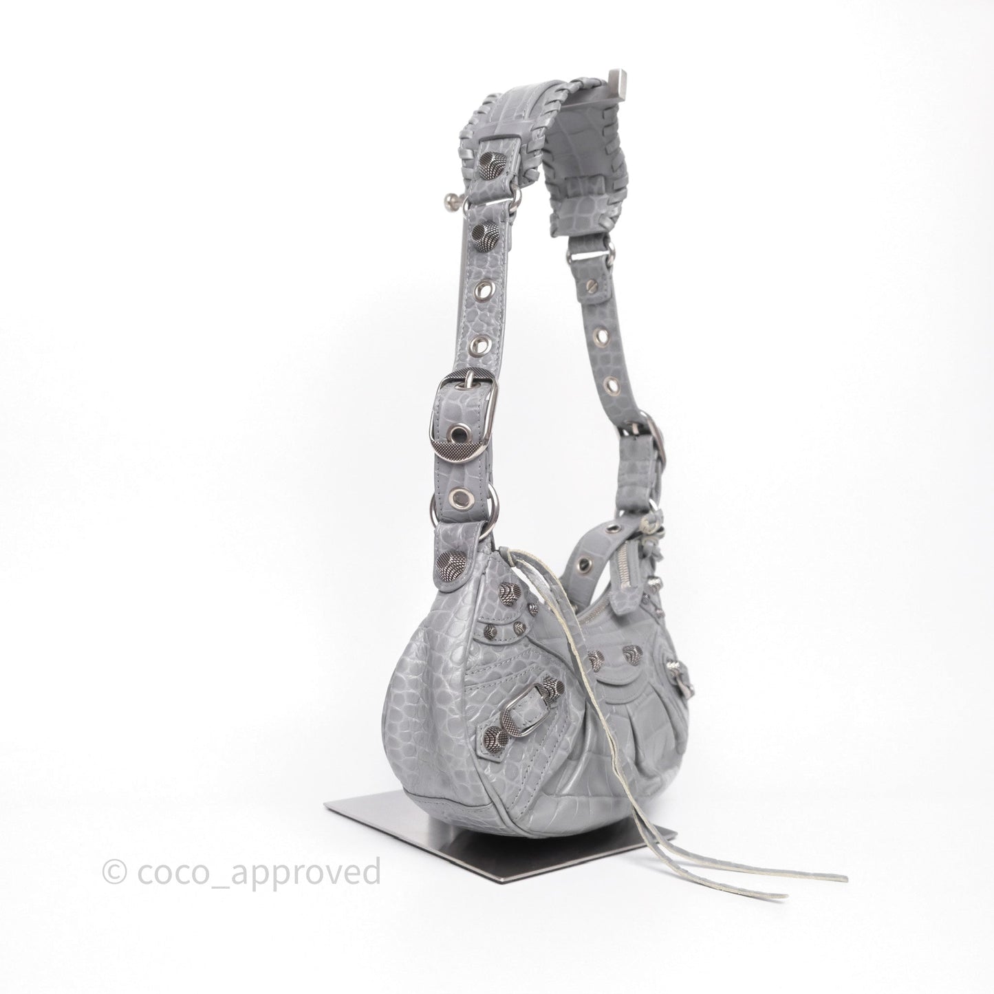 Balenciaga XS Le Cagole Shoulder Bag Grey Croc Embossed Leather