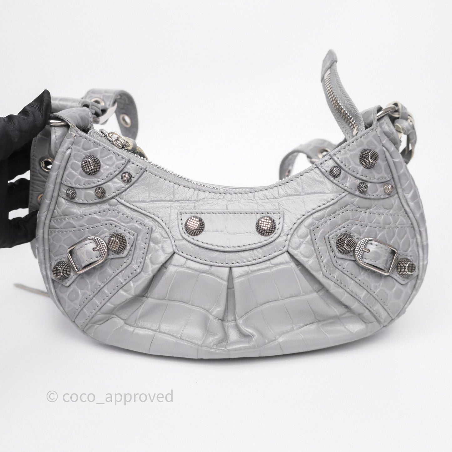 Balenciaga XS Le Cagole Shoulder Bag Grey Croc Embossed Leather