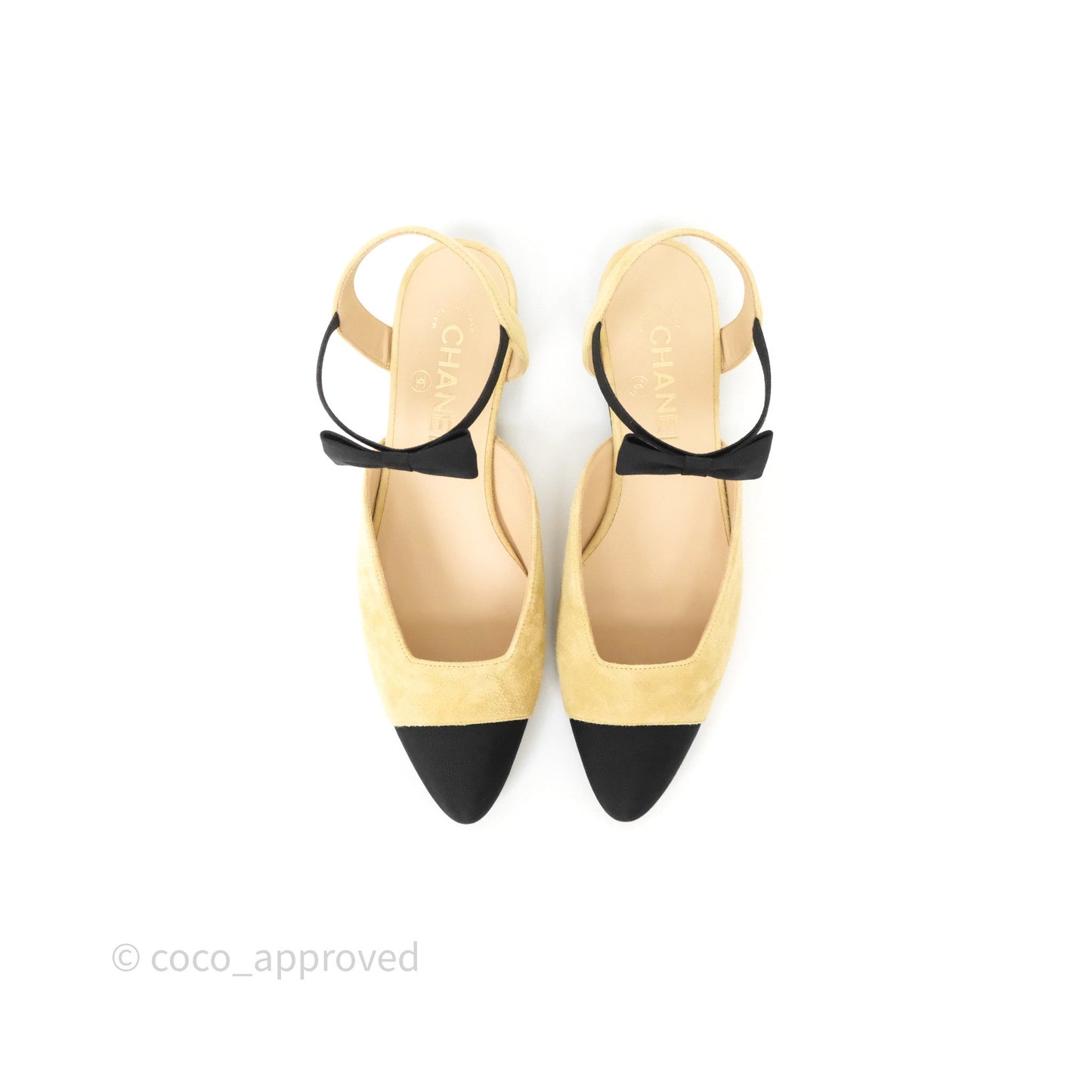 Chanel Bow Two-Tone Slingback Flats Beige/ Black Suede Size 38