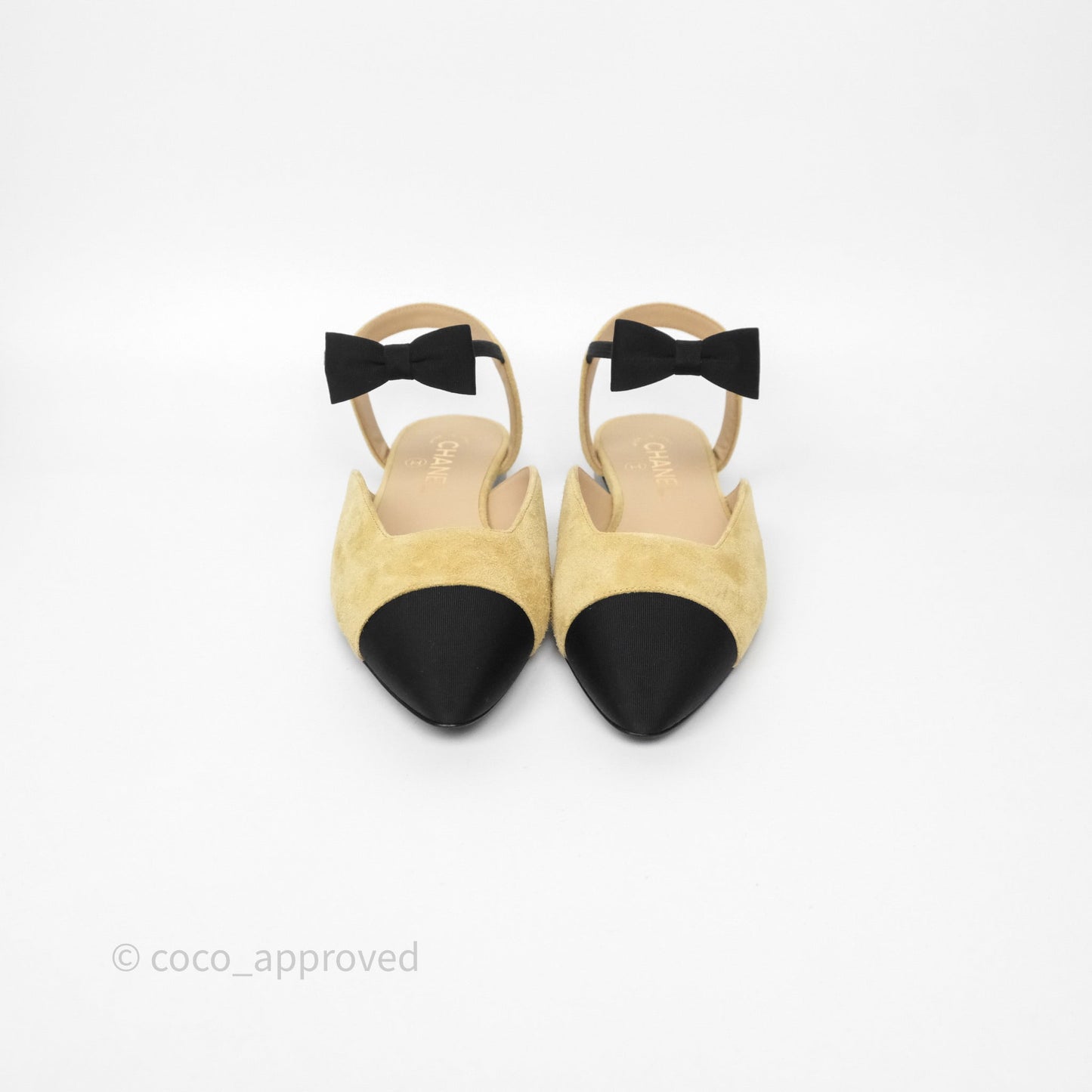 Chanel Bow Two-Tone Slingback Flats Beige/ Black Suede Size 38