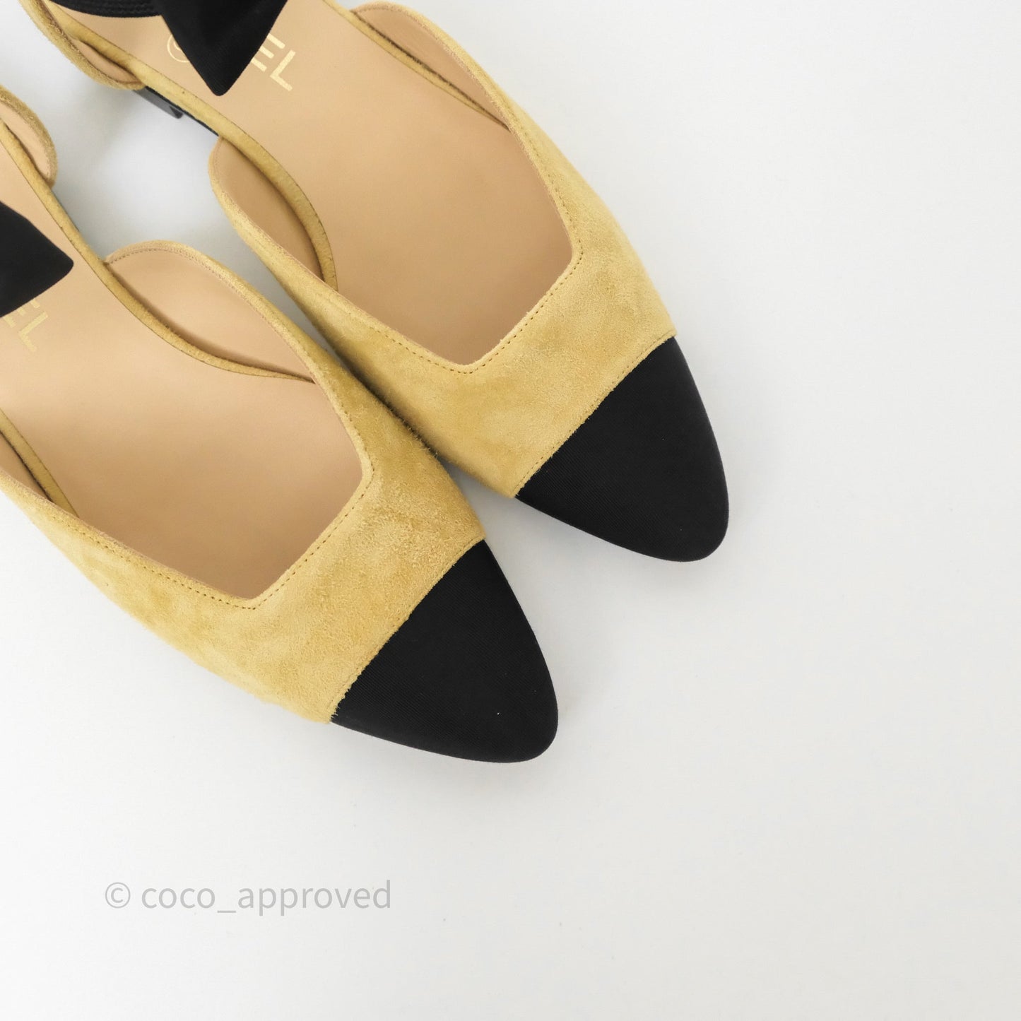 Chanel Bow Two-Tone Slingback Flats Beige/ Black Suede Size 38