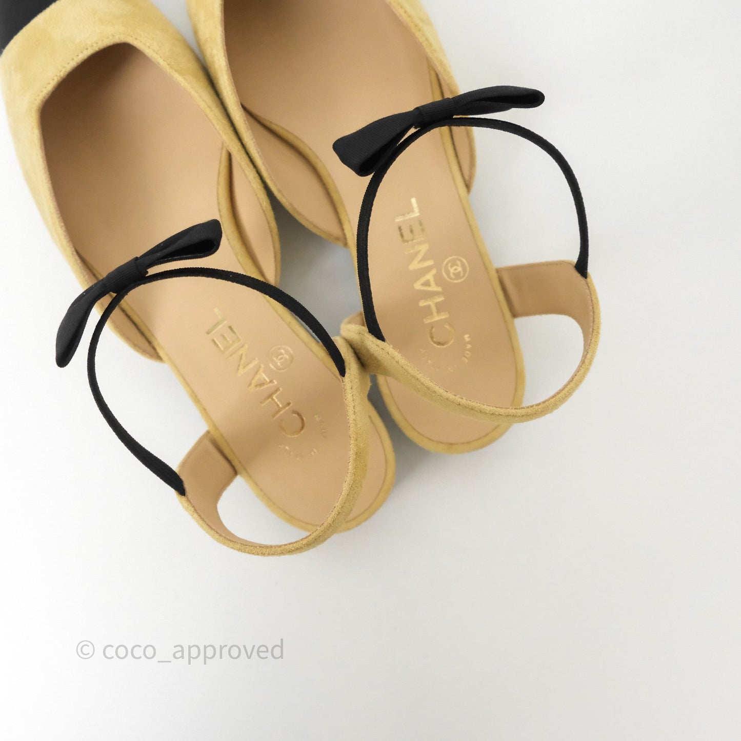 Chanel Bow Two-Tone Slingback Flats Beige/ Black Suede Size 38