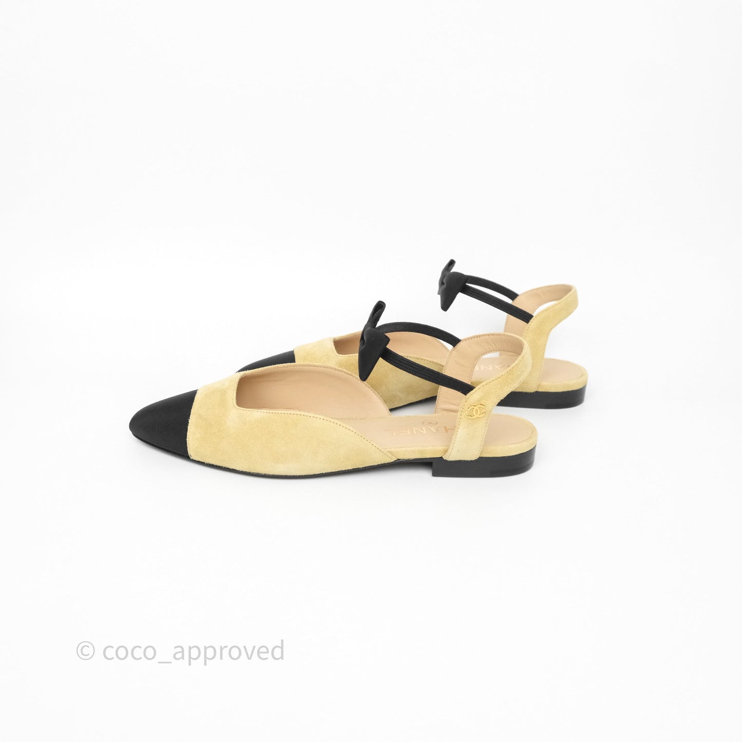 Chanel Bow Two-Tone Slingback Flats Beige/ Black Suede Size 38