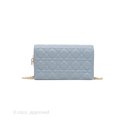 Christian Dior Lady Dior Pouch with Chain Blue Grey Cannage Lambskin Gold Hardware