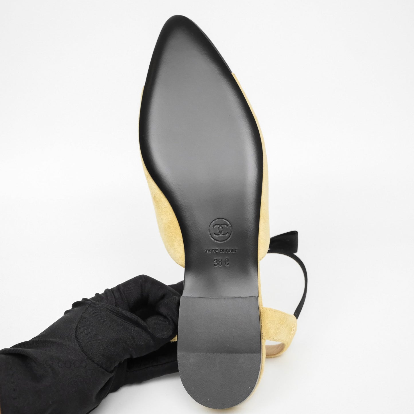 Chanel Bow Two-Tone Slingback Flats Beige/ Black Suede Size 38