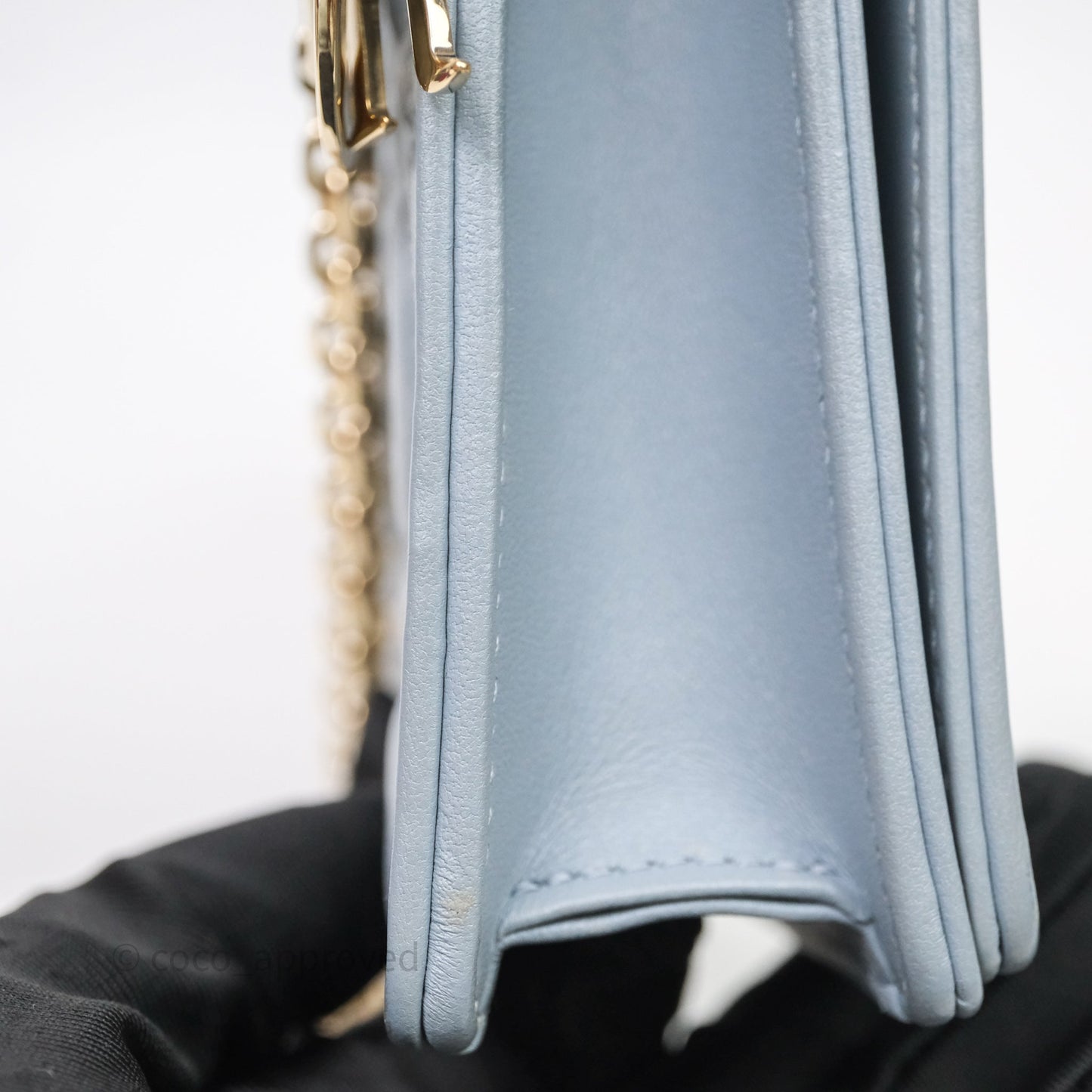 Christian Dior Lady Dior Pouch with Chain Blue Grey Cannage Lambskin Gold Hardware