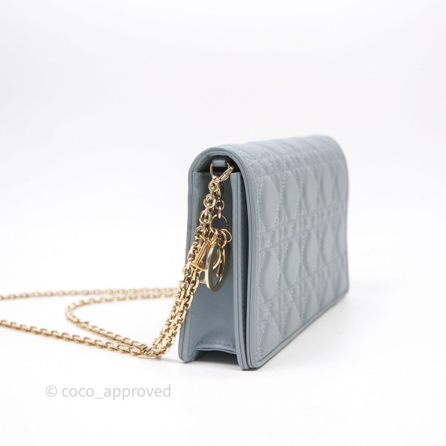 Christian Dior Lady Dior Pouch with Chain Blue Grey Cannage Lambskin Gold Hardware