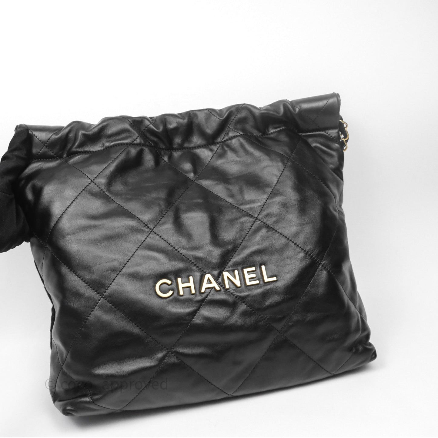 Chanel 22 Small Black Shiny Calfskin Aged Gold Hardware