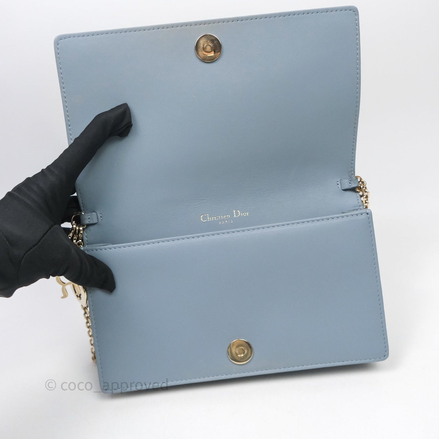 Christian Dior Lady Dior Pouch with Chain Blue Grey Cannage Lambskin Gold Hardware