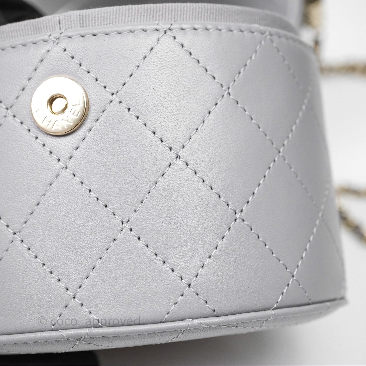 Chanel Quilted Round Vanity Clutch With Chain Grey Lambskin Gold Hardware