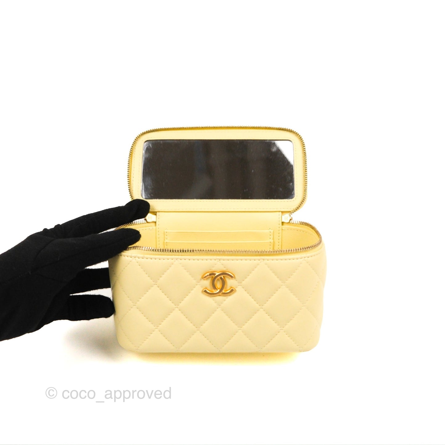 Chanel Quilted Vanity Rectangular with Camellia Adjustable Chain Light Yellow Lambskin 23S