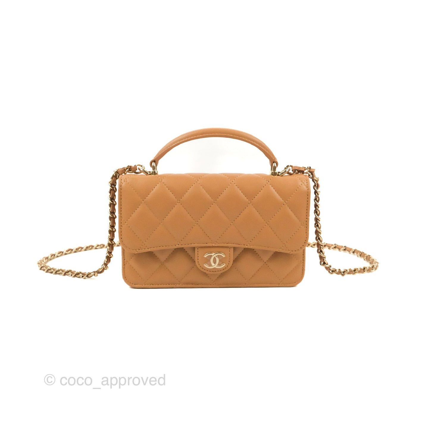 Chanel Top Handle Mini WOC Caramel Dark Beige Lambskin Gold Hardware