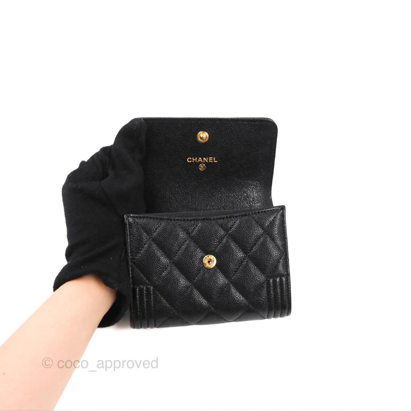 Chanel Quilted Boy Flap Coin Purse Black Caviar Aged Gold Hardware