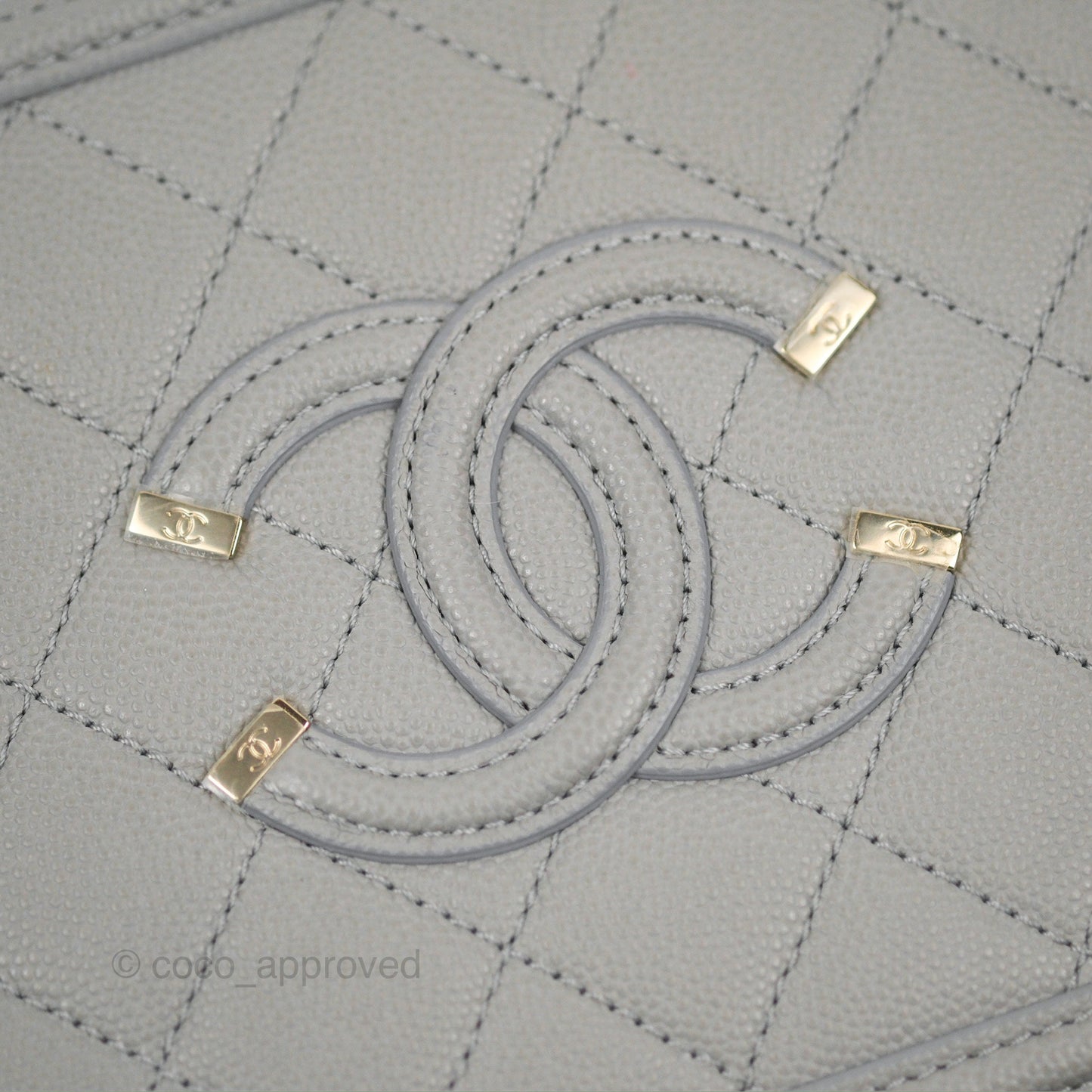 Chanel Quilted Small CC Filigree Vanity Case Grey Caviar Gold Hardware