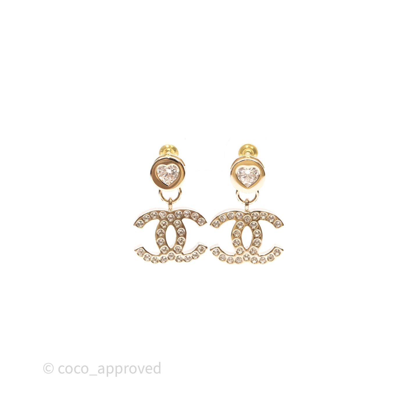 Chanel CC Heart Crystal Drop Earrings Gold Tone 24B